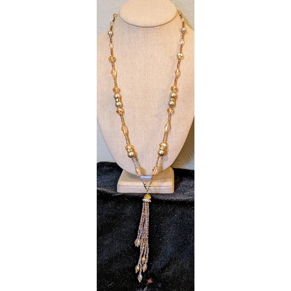 Champagne Crystals, Pearls & Rhinestone Rondelle Beaded Tassel Necklace